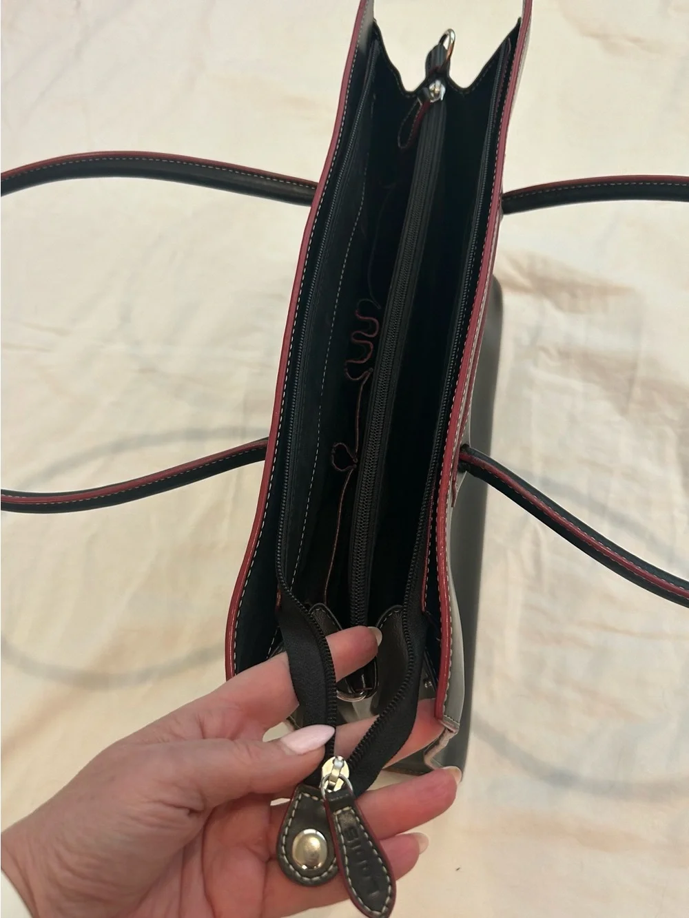 Lodis Audrey Black Leather Laptop Tote Bag Red Trim White Stitching